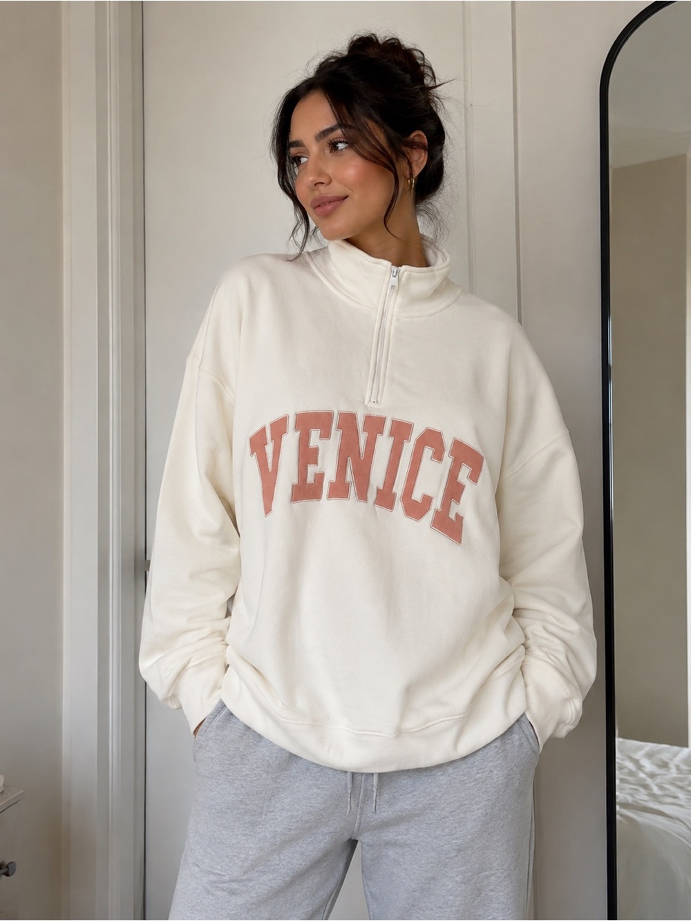 VENICE Half-Zip Pullover Sweatshirt in White